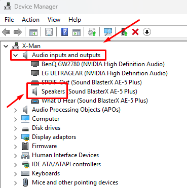 Device Manager window with Audio inputs and outputs expanded showing microphone devices