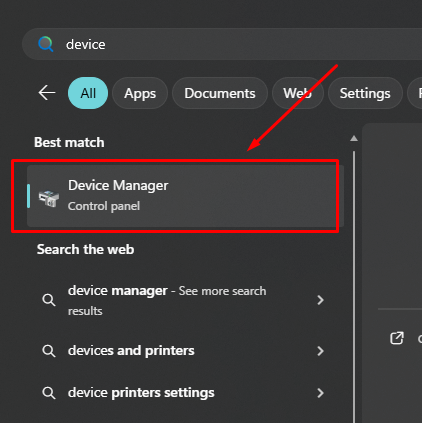 Windows search bar showing Device Manager as the best match result