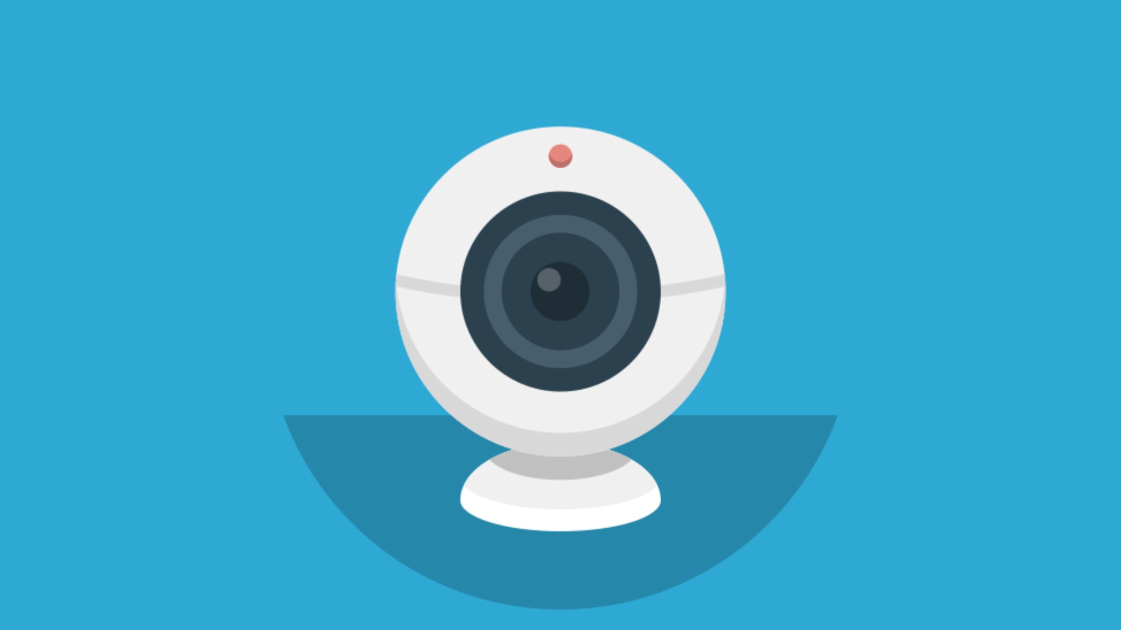A flat design illustration of a white webcam on a blue background