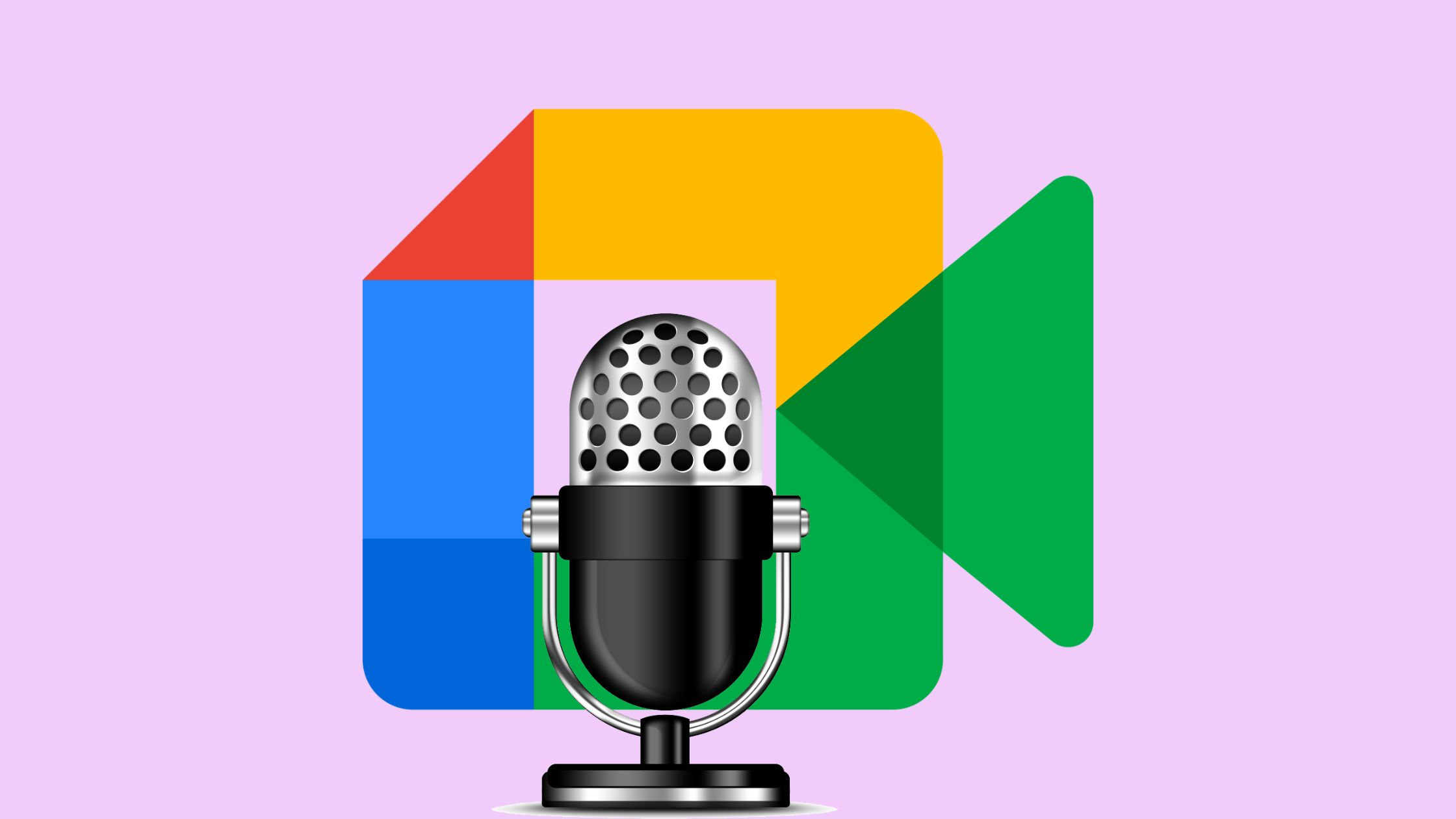 ميكروفون كلاسيكي أمام شعار Google Meet عل خلفية بنفسجية