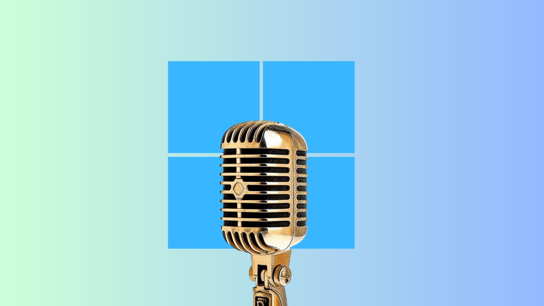 A vintage gold microphone in front of the Windows 11 logo on a gradient background
