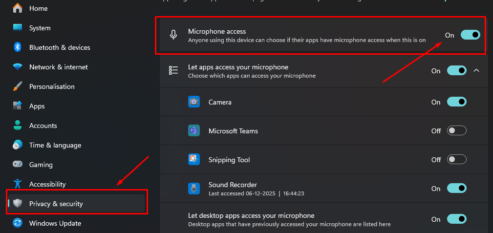 Windows 11 Microphone access settings showing the toggle turned on and a list of apps with microphone permissions