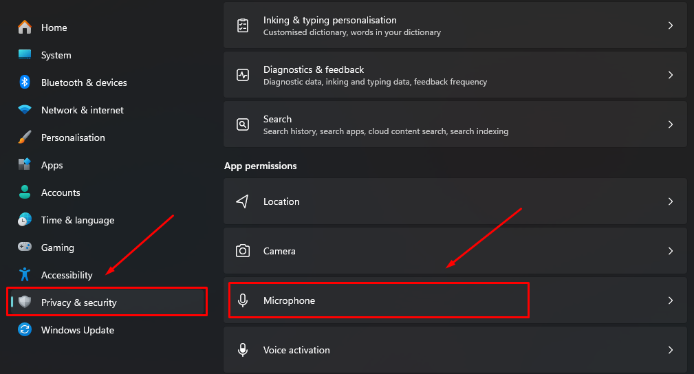 Windows 11 Settings showing Privacy and Security section with the Microphone option highlighted under App permissions