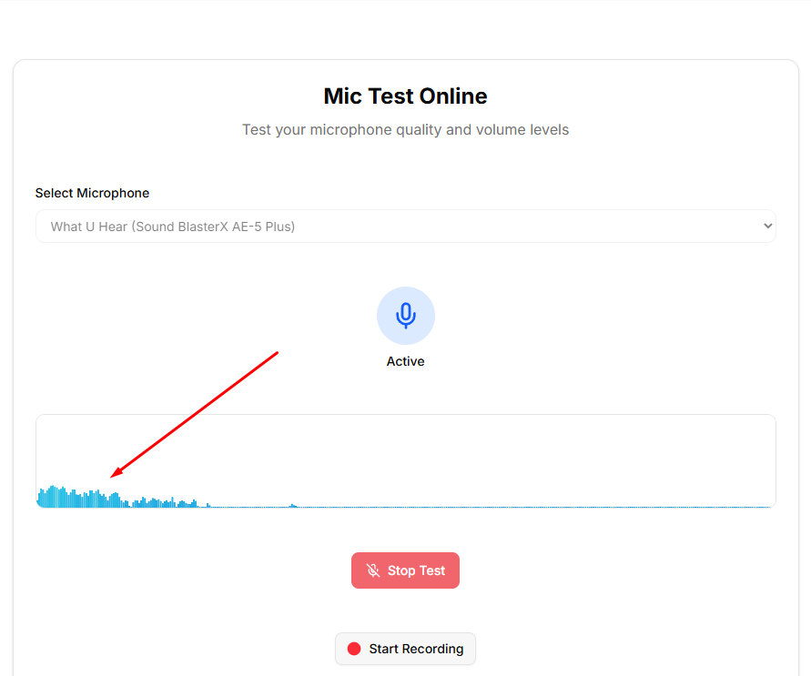 MicTest.net showing an active waveform indicating the microphone is working